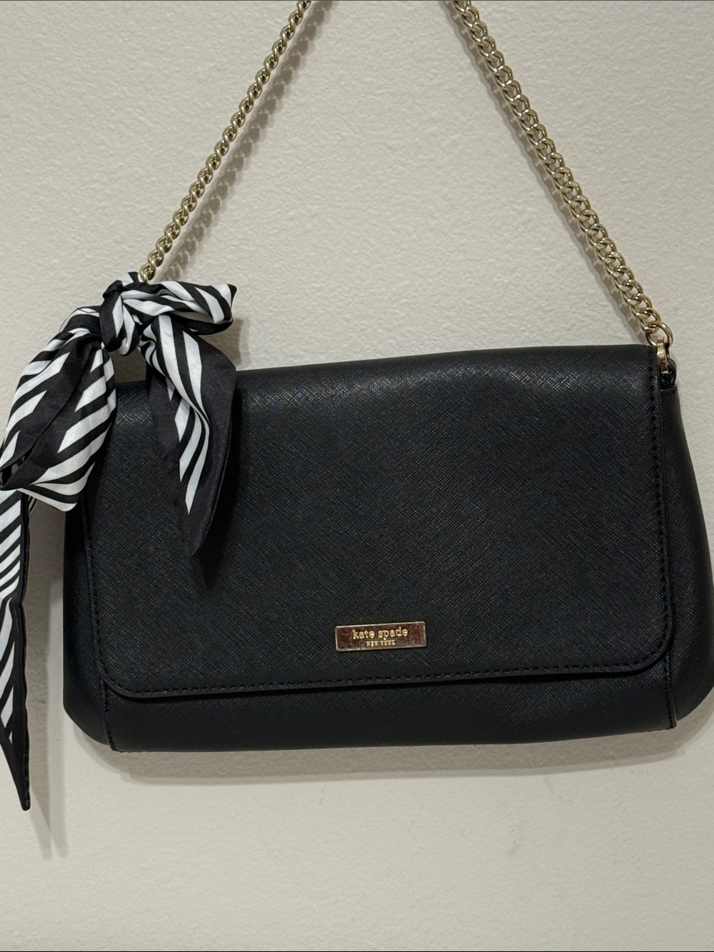 kate spade Black Shoulder Bag with Gold Chain and Scarf Accent